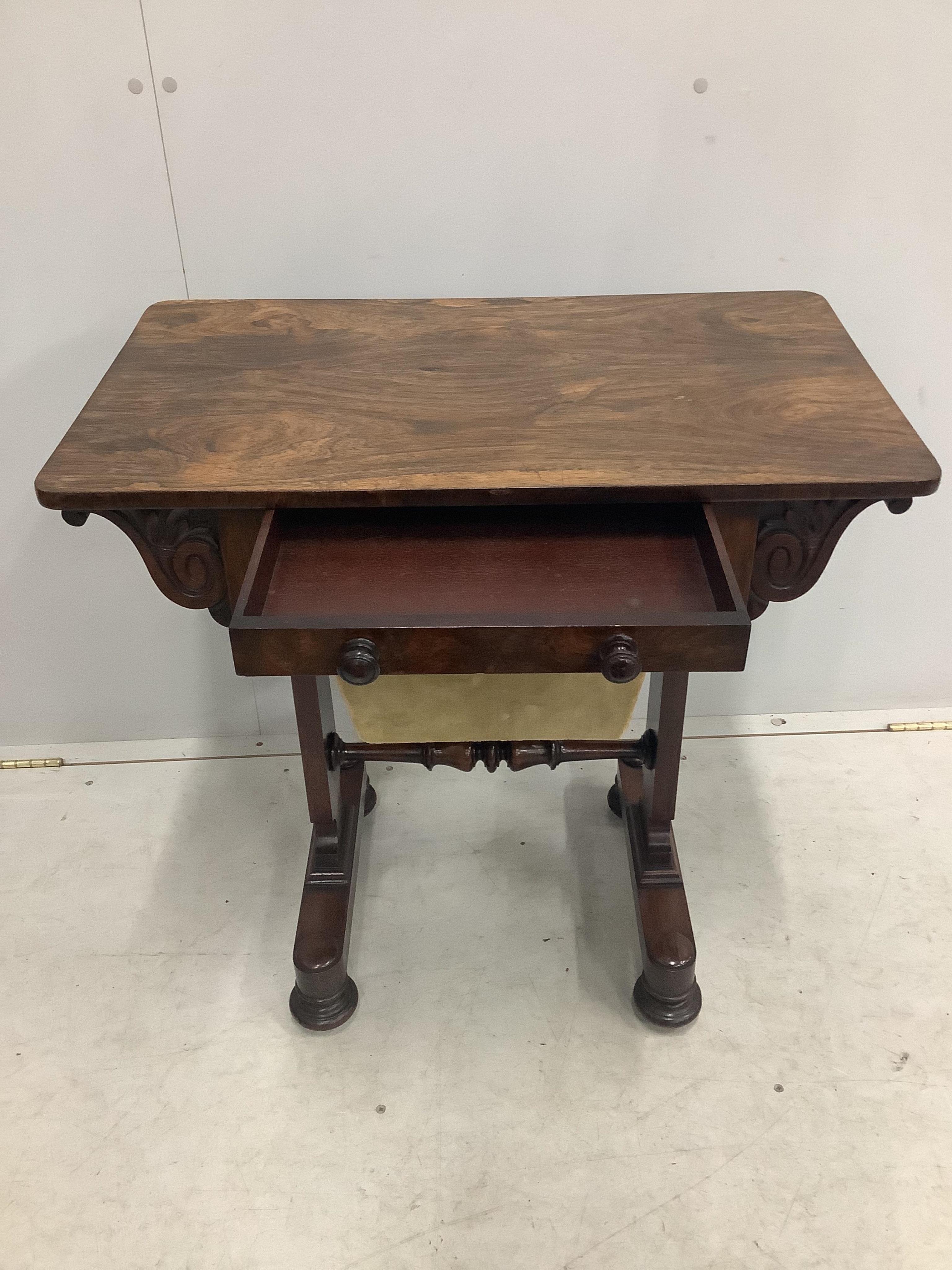 A William IV rosewood work table, width 71cm, depth 42cm, height 72cm. Condition - fair